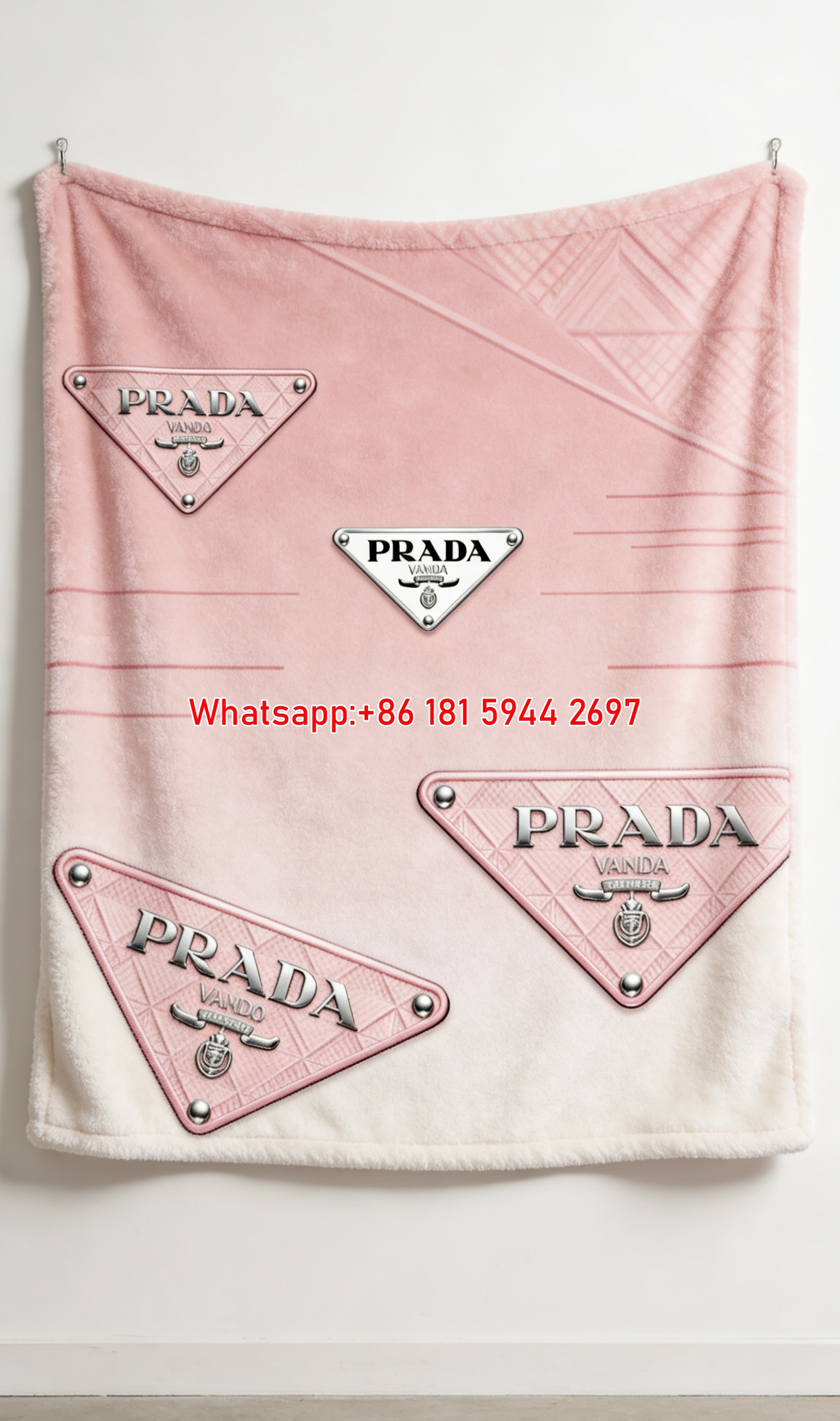 Prada Pink Triangle Logo Print Flannel Throw Blanket IMG_2723